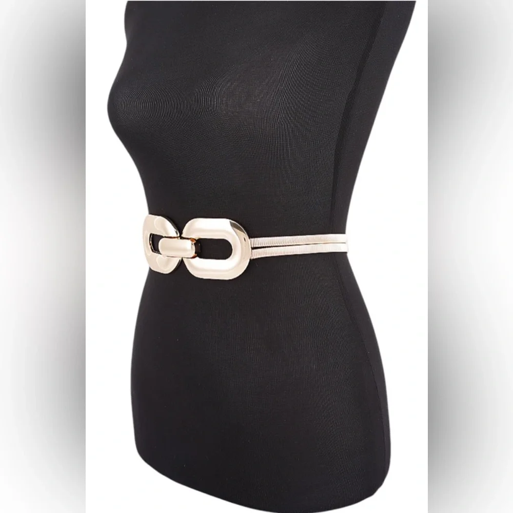 Gold or Silver Double Link Buckle Elastic Waist Statement Belt